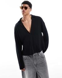 ASOS - Polo Oversize A Maniche Lunghe Squadrata Nera Testurizzata Con Scollo A V Profondo - Lyst