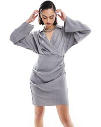 ASOS - Linen Look Collar Wrap Long Sleeve Mini Dress With Button Detail Skirt - Lyst