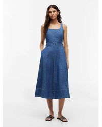 Tommy Hilfiger - Belted Denim Fit And Flare Midi Dress - Lyst