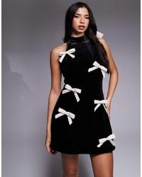 ASOS - High Neck Velvet Mini Dress With Bow Details - Lyst