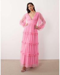 LACE & BEADS - Tulle Plunge Neck Ruffle Tiered Maxi Dress - Lyst