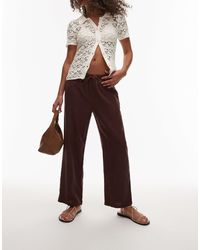 TOPSHOP - Pantalon taille mi-haute en lin à longueur fantaisie - chocolat - Lyst