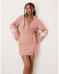 ASOS - – besticktes, kurzes wickel-hemdkleid mit breiten bündchen und streifen - Lyst