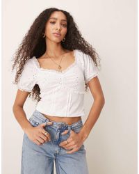 ASOS - Top De Estilo Mesonera Con Mangas Abullonadas, Bordado Inglés Y Ribete De Encaje De - Lyst