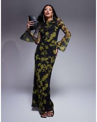 ASOS - Vestido Largo Negro Con Estampado Floral Verde, Mangas Ángel Y Espalda Escotada De Malla De - Lyst