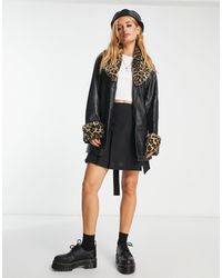 ONLY - Faux Leather Jacket With Leopard Print Trim - Lyst