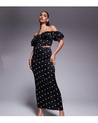 Kaiia - Falda Larga Negra Ajustada Con Estampado De Lunares De Satén Exclusiva De (Parte De Un Conjunto) - Lyst