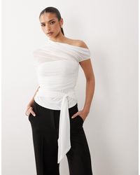 ASOS - Mesh Draped One Shoulder Top With Cinched Waist - Lyst