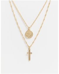 ASOS Ketting Met Dubbele Laag Met Kruis- En Muntbedeltjes - Metallic