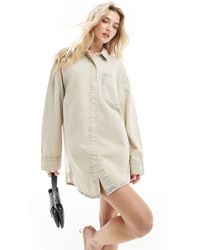 ASOS - Denim Mini Shirt Dress With Front Pockets - Lyst
