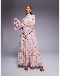 DASKA - Robe longue à fleurs effet superposé avec volants et encolure montante - Lyst