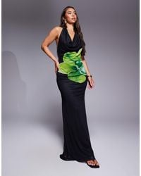 ASOS - Plunge Halter Maxi Dress With Lime Floral Placement Print - Lyst