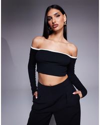 Princess Polly - Crop Top Monocromatico A Maniche Lunghe Con Scollo Alla Bardot E Bordo A Contrasto - Lyst