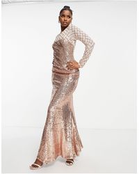 Goddiva Long Sleeved Sequin Maxi Dress With Fishtail - Pink