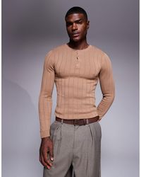 ASOS - T-shirt près du corps en maille côtelée avec manches longues et col boutonné - fauve - Lyst