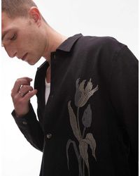 TOPMAN - Camicia Nera A Maniche Lunghe Con Ricamo Sul Davanti - Lyst