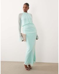 DASKA - Mesh Drape Long Sleeve High Neck Maxi Dress - Lyst