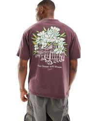 Pull&Bear - T-shirt bordeaux con stampa di fiori sul retro - Lyst