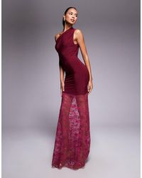 Kaiia - Exclusive Double Layered Slinky Twist Off Shoulder Asymmetric Sheer Lace Skirt Maxi Dress - Lyst