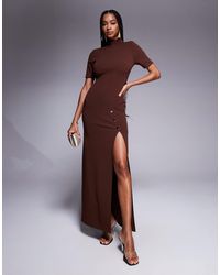 ASOS - High Neck Maxi Pencil Dress With 3/4 Sleeves And Large Gold Button Detail Split - Lyst