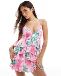 Hollister - V Neck Spaghetti Strap Babydoll Tiered Mini Dress - Lyst