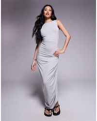 ASOS - Vestido Midi Gris Jaspeado Asimétrico Con Diseño Fruncido Y Cuello Barco De - Lyst