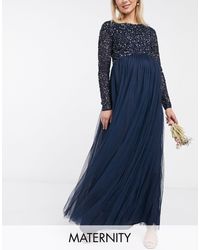 Maya Maternity Bridesmaid Long Sleeve Maxi Tulle Dress With Tonal Delicate Sequins - Blue