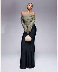 ASOS - Top Con Escote Bardot Asimétrico Y Manga Acampanada De Malla De -Verde - Lyst