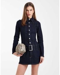 ASOS - Denim Drop Waist Belt Detail Mini Dress - Lyst