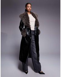 River Island - Faux Fur Collar Faux Leather Trench - Lyst