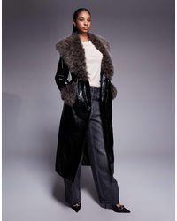 River Island - Faux Fur Collar Faux Leather Trench - Lyst