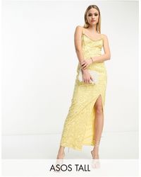 ASOS - Asos design tall - vestito midi con spalline sottili e paillettes color limone con cuciture - Lyst