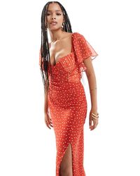 ASOS - Vestido Largo De Corte Al Bies De Satén Con Mangas Fluidas De Chifón, Estampado De Lunares Y Detalle Tipo Corsé De - Lyst