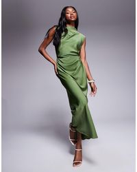 ASOS - Satin High Neck Pleated Bodice Midi Dress - Lyst