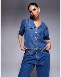 River Island - Top à manches bouffantes en jean - moyen délavé - Lyst