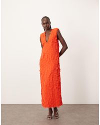 ARRANGE - Laser Cut Plunge Neckline Shoulder Pad Maxi Dress With Pockets - Lyst