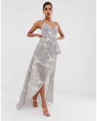 Bariano Waterfall Mesh Maxi Dress With Floral Embroidery In Grey - Gray