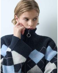 Miss Selfridge - Zip Funnel Neck Argyle Cardigan - Lyst