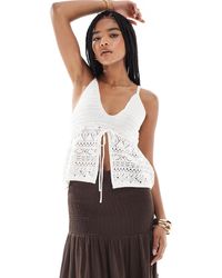Bershka - Top crocheté avec liens noués à l'avant - écru - Lyst