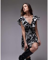 TOPSHOP - Vestito Da Giorno Con Volant Sui Bordi E Stampa A Fiori Monocromatica - Lyst