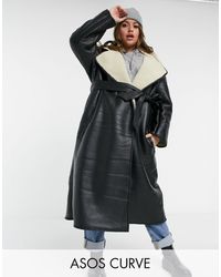 ASOS Asos Design Curve - Lange Leerlook Jas Met Riem - Zwart