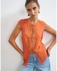 TOPSHOP - Cap Sleeve Asymmetric Tie Front Lace Detail Top - Lyst