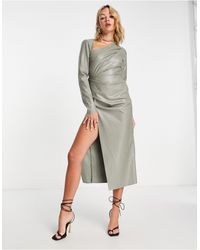 ASOS - Drape Detail Pu Midi Dress With Wrap Skirt - Lyst