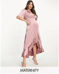 Flounce London - Wrap Front Satin Midi Dress With Flutter Sleeves - Lyst