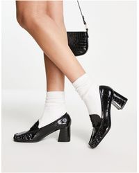 Missguided Faux Croc Patent Heeled Loafers - Black