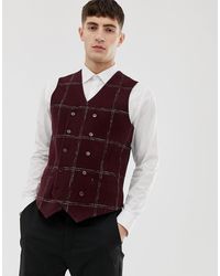 ASOS Asos Slim Waistcoat In Moons Wool Rich Burgundy Check - Red