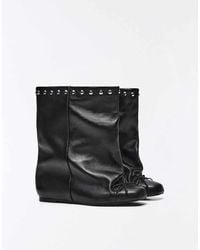 Bershka - Flat Wide-shaft Studded Leather Ankle Boots - Lyst