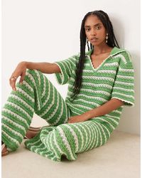 ASOS - Gebreide Gestreepte Polotop Met Korte Mouwen En Stiksels, Deel Van Co-Ord Set - Lyst