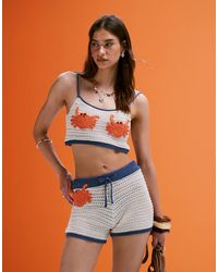 ASOS - Mock Crochet Crop Top With Applique Crab (part Of A Set)-white - Lyst