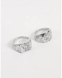 Reclaimed Vintage - Unisex Rhodium Engraved Two Pack Of Signet Rings - Lyst